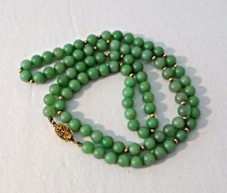 Vintage Chinese Green Jade 8 Mm Beaded 30 " Necklace W/ Silver Filagree Clasp