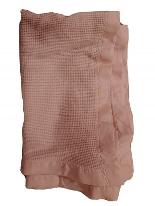 Vtg Baby Morgan Pink Acrylic Thermal Waffle Weave Blanket Nylon Binding 40x52