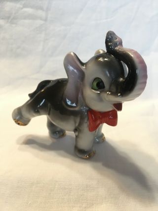 Vtg Anthropomorphic Gray Elephant W/ Red Bow Ceramic Figurine Japan Kitschy 3.  5”