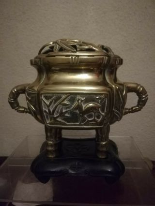 Chinese Bronze Incense Burner & Stand - 4 Character Xuande Mark,  20cm