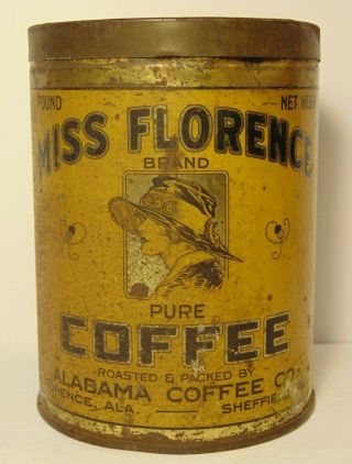 Old Vintage 1930s Miss Florence Coffee Tin Graphic One Pound Florence Alabama Al