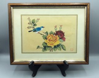 Chinese Hand Painted Watercolour On Silk Painting Of A Bird And Flowers (h)