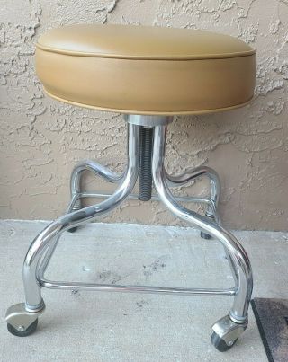 Vintage Ef Brewer Medical Exam Rolling Stool Adjustable Height W/ Foot Ring