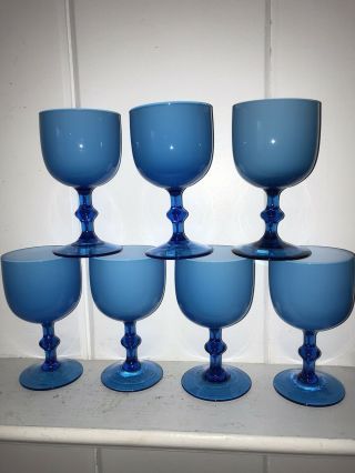 7 Vintage Carlo Moretti Blue & White Cased Glass Water Wine Goblets,  5 3/4 "