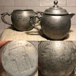 2 Antique Chinese Engraved Pewter Teapot Kut Hing Swatow Tea Pot Sugar Creamer ?