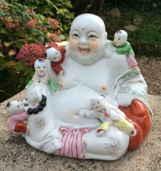 Large Pottery Vintage Laughing Chinese Fertility Buddha Good Luck Babies