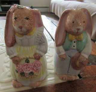 Vintage Bunny Rabbit Couple Ceramic Salt Pepper Shaker Set,  Easter