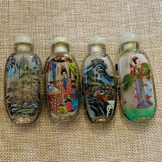 Vintage Asian Snuff Perfume Bottles Set Of 4 Jade Lids