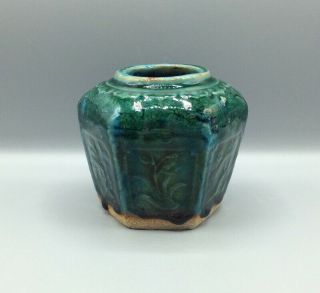 Fine Antique Chinese Shiwan Hexagon Ginger Jar Green And Turquoise Glaze