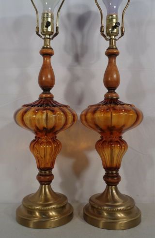 2 Vtg Mid Century Modern Amber Glass Globe Table Lamps Pair Hollywood Regency