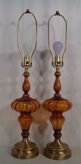 2 VTG Mid Century Modern Amber Glass Globe Table Lamps Pair Hollywood Regency 3