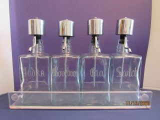 Gorgeous Vintage 4 Etched Glass Liquor Dispenser Decanters W/ Acrylic Holder