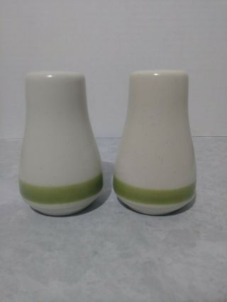 Vintage Stoneware Salt And Pepper Set Japan White Green Band 3 " X 1.  25 Unbranded