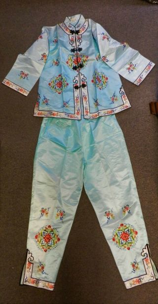 New/old Stock Chinese Silk Golden Bee & Turquoise Embroidered 2pc Set,  L & Xl