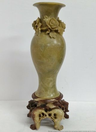 Large Heavy Antique Chinese Carved Soapstone Vase Rose Floral W Base