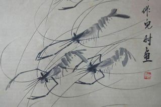 Very Large Painting Old Chinese Hand Painted Shrimps 