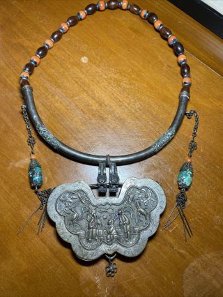 Antique Tibetan Chinese Coral Turquoise Silver Necklace C.  Late 19th Century