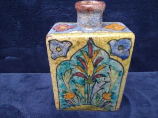 Antique Persian Qajar Islamic Iznic Pottery Flask Polychrome Flowers Earthenware