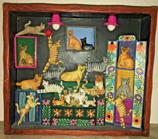 Rare Jimenez Folk Art Retablo Peruvian Crazy Cats Living Room Sculpture Vintage
