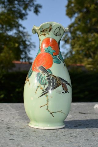 Chinese Green Celadon Pottery Vase Bird And Pomegranate Early 20th Century