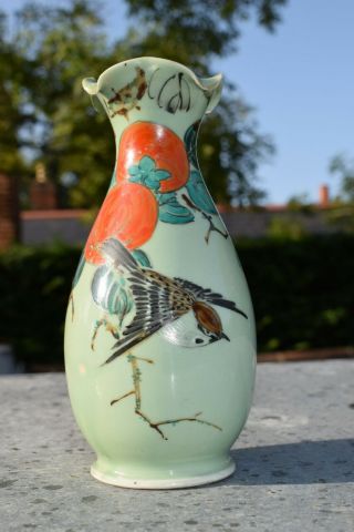 Chinese Green Celadon Pottery Vase Bird and Pomegranate Early 20th Century 2
