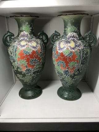 Vintage Large Japanese Satsuma Ware Pottery Vases 37cm Tall