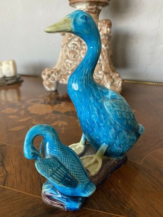 Set Of Two Antique Chinese Turquoise Aubergine Porcelain Geese
