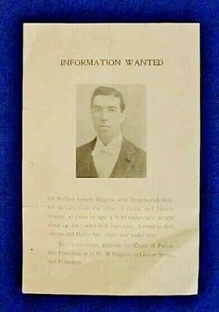 Vintage Information Wanted Missing Person Broadside Posting San Francisco 1900