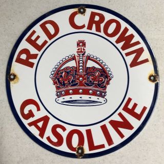 Old Vintage Red Crown Gasoline 12” Porcelain Sign Gas Oil