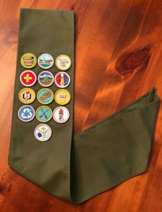 Bsa Boy Scout Sash With 13 Merit Badges - Euc