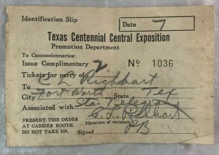1936 Texas Centennial Central Exposition Dallas World Fair Id Slip Ticket
