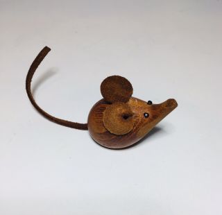 Vintage Danish Wooden Mouse With Leather Ears And Tail Denmark