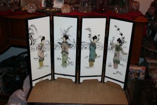 Vintage Chinese Japanese Miniature 4 Panel Room Divider Screen Asian Women