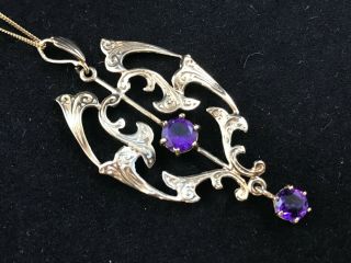 Vintage Art Nouveau Style 9ct Carat Gold And Amethyst Pendant On 9ct Gold Chain