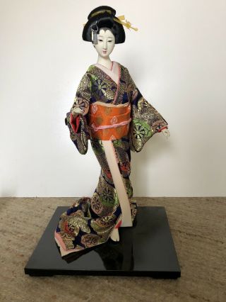 Vintage Style Japanese Geisha Doll 17” In Kimono On Wood Base In Glass Case 21”
