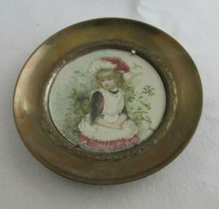 Vtg Victorian Girl Print In 5 - 1/4 " Round Picture Frame Made In England W/ Glass