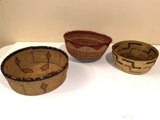 3 Antique Vintage Native American Indian Geometric Design Woven Baskets