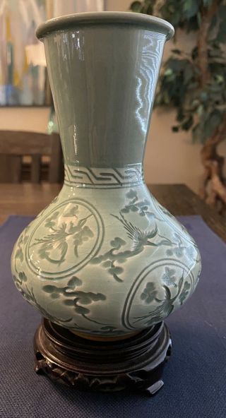 Vintage Celadon Crane Green Glazed Korean Vase Ceramic Pottery Signed