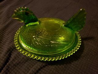 Vintage Green Glass Chicken Hen On Nest Covered Candy/butter Dish Beaded