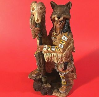 Indian Chief Figurine Wolf Head Dress With Skull Totem 9 " Vintage Hand Decorated