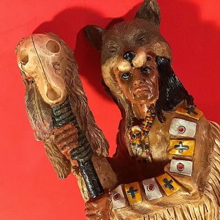 INDIAN CHIEF FIGURINE WOLF HEAD DRESS WITH SKULL TOTEM 9 