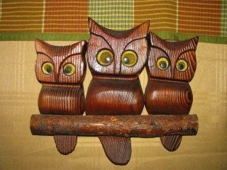 Vintage Witco 3 Owls Cryptomeria Wood Carved Owl Trio Burnt Wood Retro Wall Art