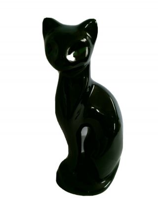 Vintage Mid Century Modern Black Ceramic Cat Figurine W/ Painted Green Eyes