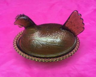 Vintage Green Glass Chicken Hen Nest Covered Farmhouse Candy Dish Bowl -