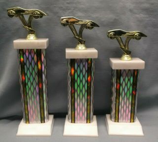 Cub Scout Pinewood Derby Trophy Set Of 3 Wide Silver Columns Weighted Base