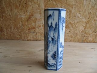Hexagonal Chinese Blue And White Vase,  Hand Painted And Signed