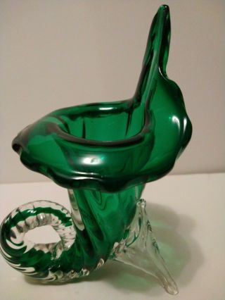 Vtg Murano Seguso Art Glass Cornucopia Shiny Green To Clear Vase - Horn