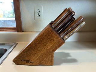 Vintage Usa Chicago Cutlery 10 Pc.  Piece Knife Set Walnut Block W/ Sharpener