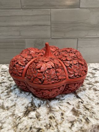 Vintage Chinese Finely Carved Red Lacquer Cinnabar Pumpkin Form Box
