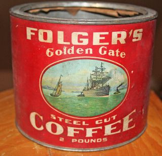 Vintage 1909 Early Folgers Coffee Can 2 Pounds Ship Label